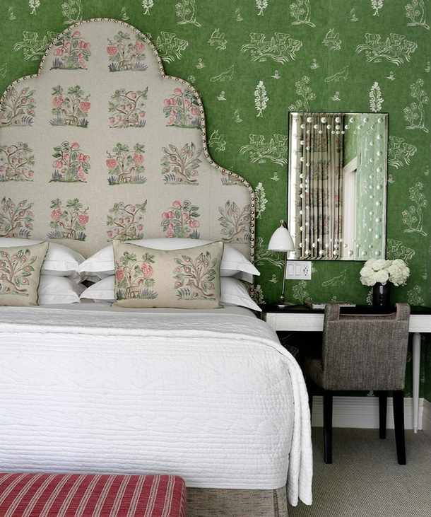 Patterned headboard in a Firmdale Hotel, designed by Kit Kemp