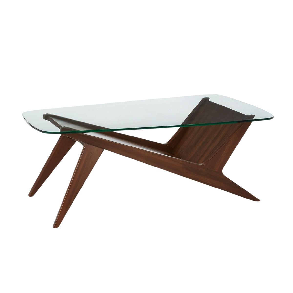an angular coffee table with a glass top