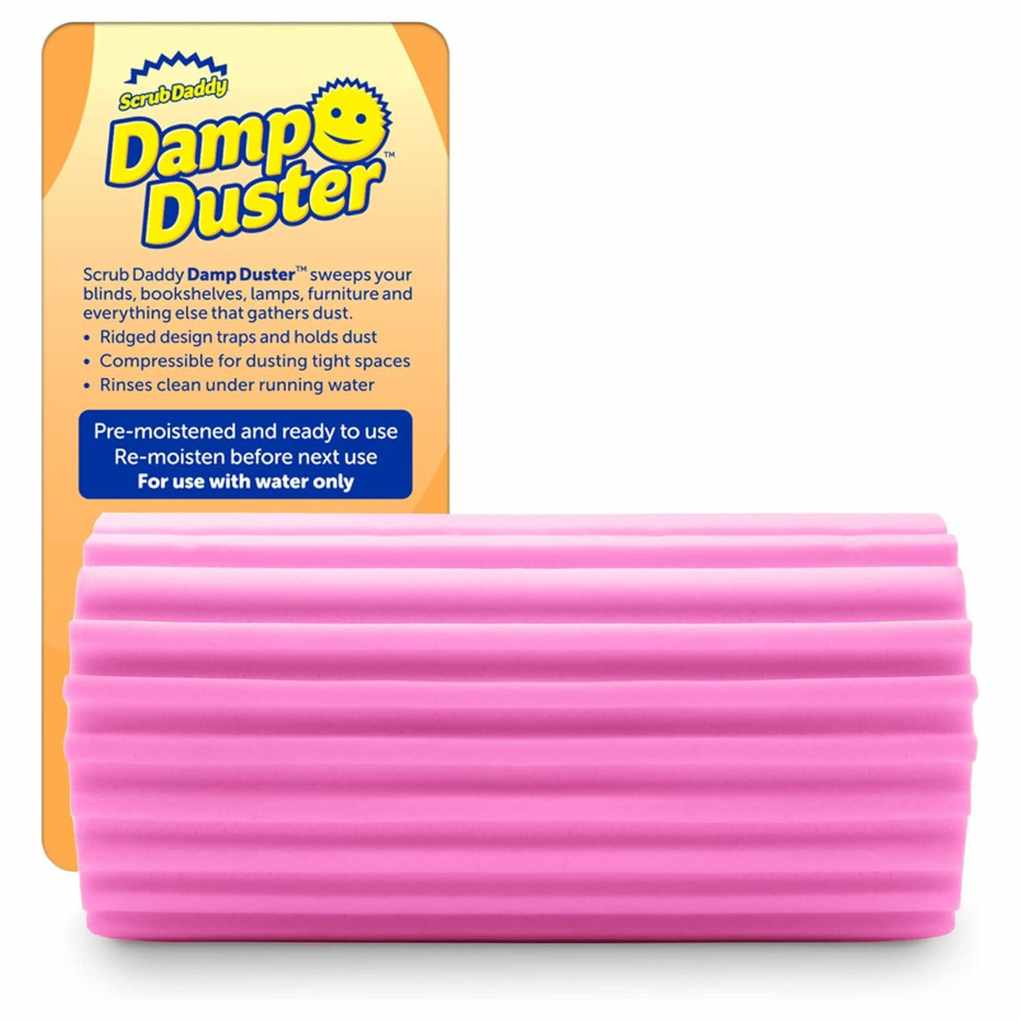 Pink Scrub Daddy Damp Duster next to its packaging.