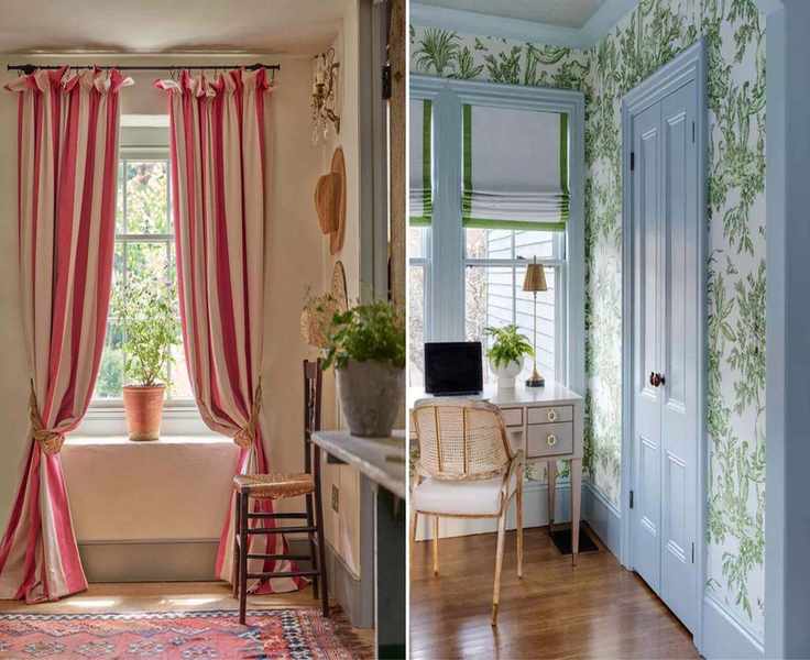 On the left, a rustic warm-toned room showcases floor-length curtains. On the right, a bright traditional office features Roman shades in white with a bold green border