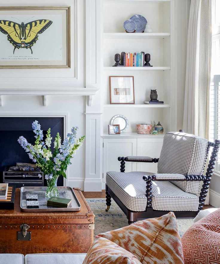 white living room with open shelving