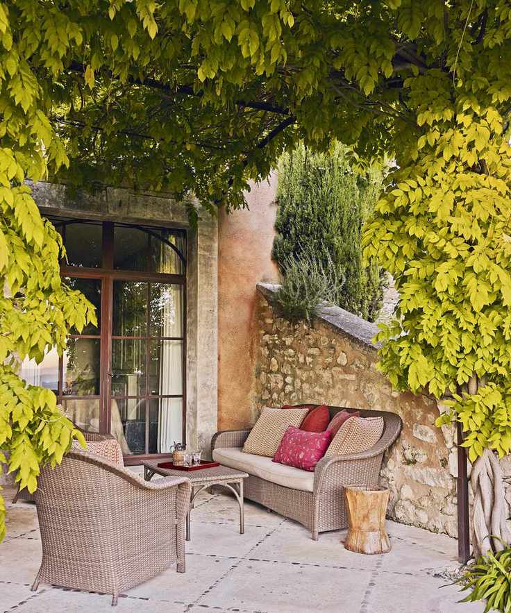 Patio with armchair and sofa and pergola above with vine