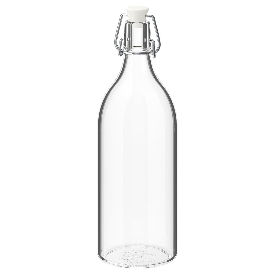 A refillable glass bottle with a hinge lid
