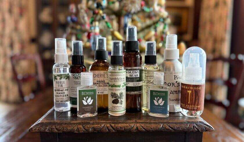 A table full of pine hand sanitizers