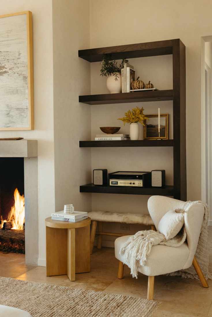 Stylishly arranged fall bookshelves.