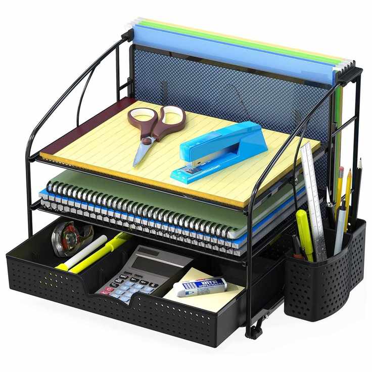 A black mesh desk organizer
