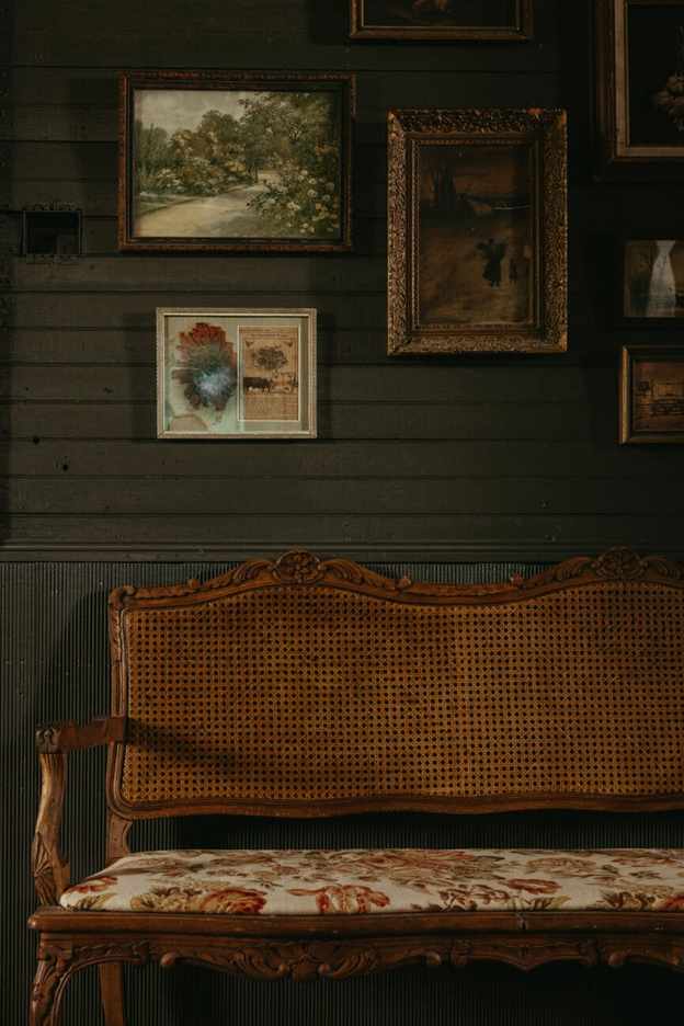 Claire Zinnecker home tour, brown bench