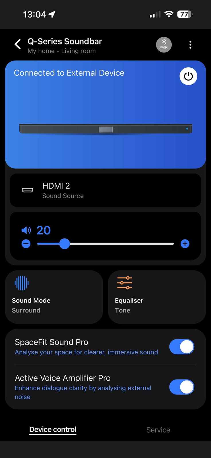 Screenshot of the SmartThings app, showing main screen for Samsung HW-Q990F soundbar.