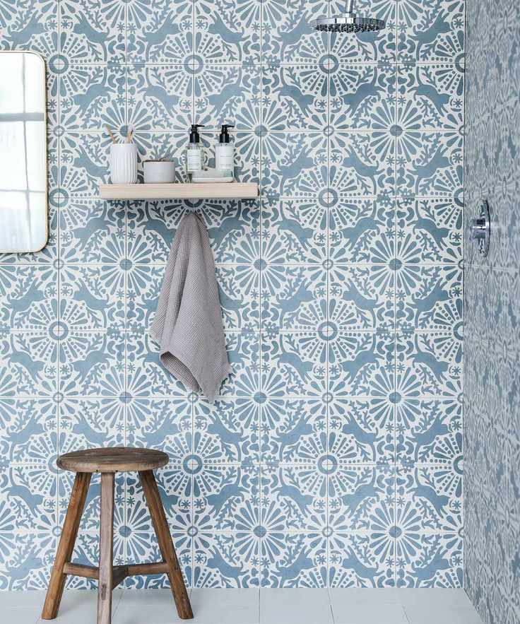 Blue bathroom with decorative shower tiles