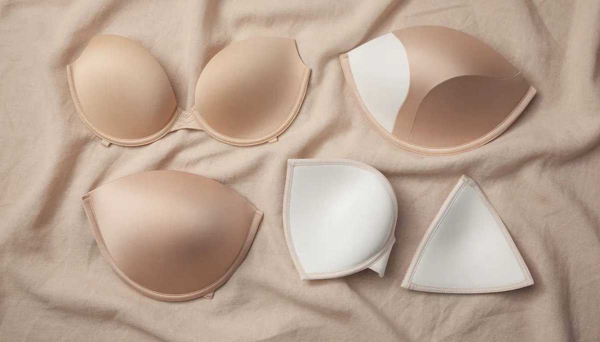 An assortment of bra cup shapes in nude and white colors is neatly arranged on a soft fabric background, showcasing various styles designed for support and comfort in everyday wear. The display includes bra cups inserts and pads that can enhance the fit of bras, bralettes, and swimsuits, making it easy to find the perfect coverage for any outfit.