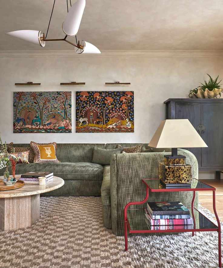 Living room with vibrant checkerboard rug