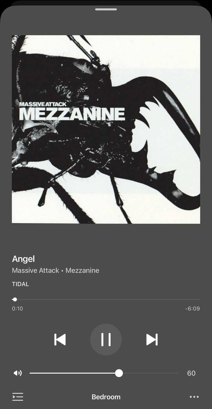 Screenshot of Sonos app showing playback screen of Angel by Massive Attack playing from TIDAL.