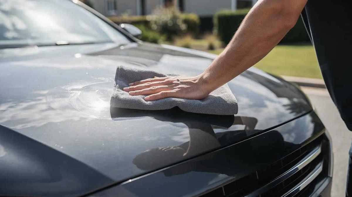 A person is using a soft cloth to polish the hood of a dark-colored car, ensuring it shines perfectly while maintaining its cool appearance. The scene conveys a sense of care and attention to detail, making the car look comfortable and well-maintained over time.