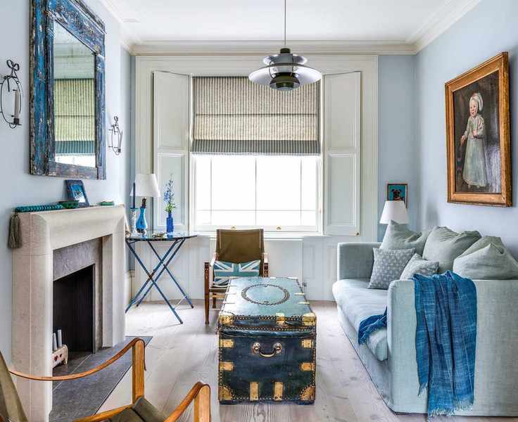 Luxury living room in small space with blue color scheme