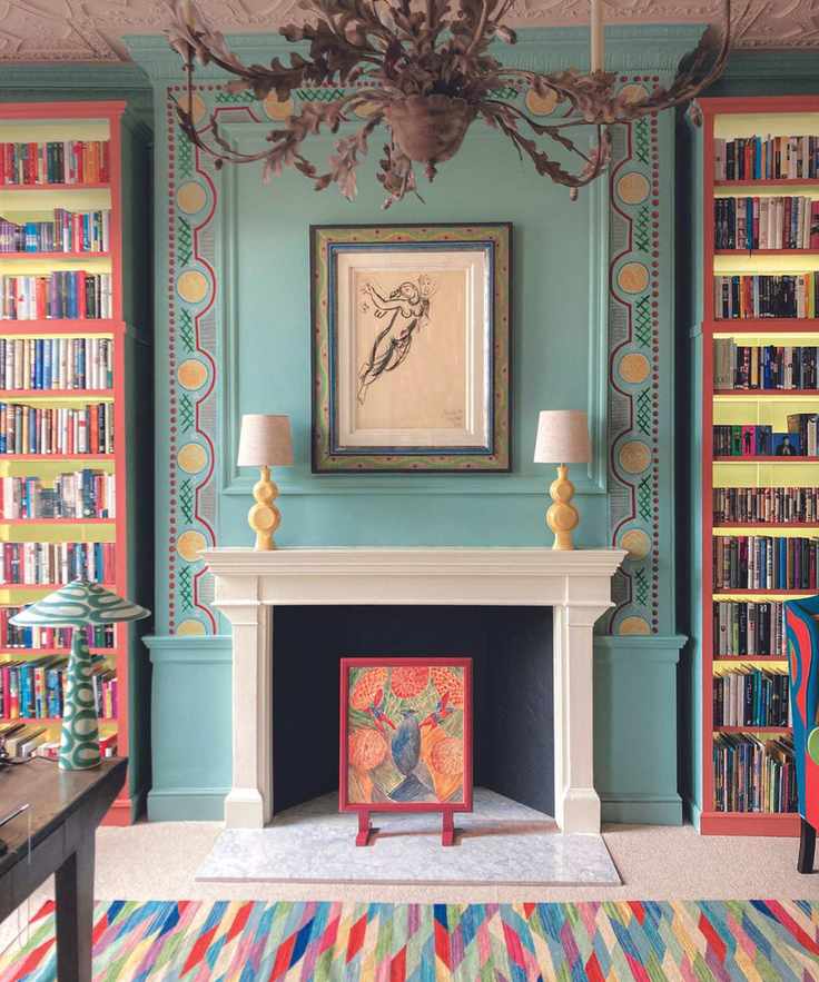 Living room in bright colors looking to fireplace