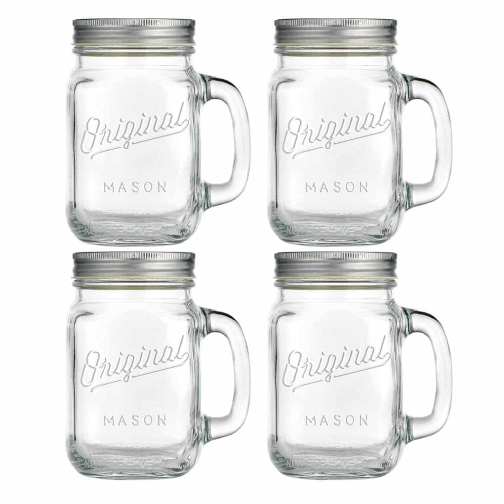 four Mason jar mugs with handles and lids