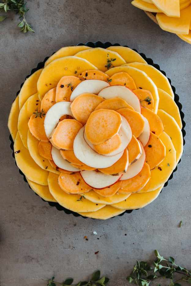 butternut squash and apple tart with ricotta, vegetarian thanksgiving main course
