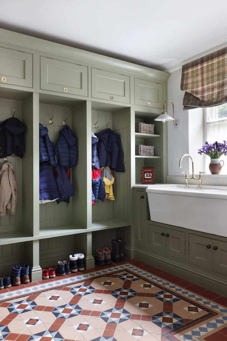 boot room storage with Victorian tile floor and double ceramic sink