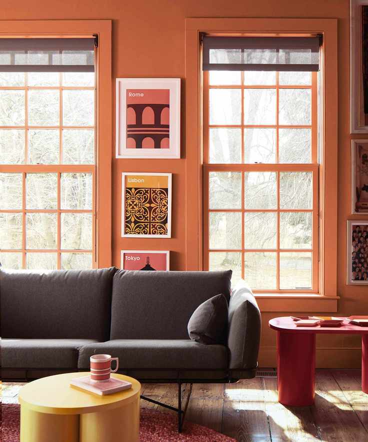 warm vs cool colors, living room with orange walls and woodwork, dark brown couch, red side table, yellow coffee table, red rug, bold print artwork