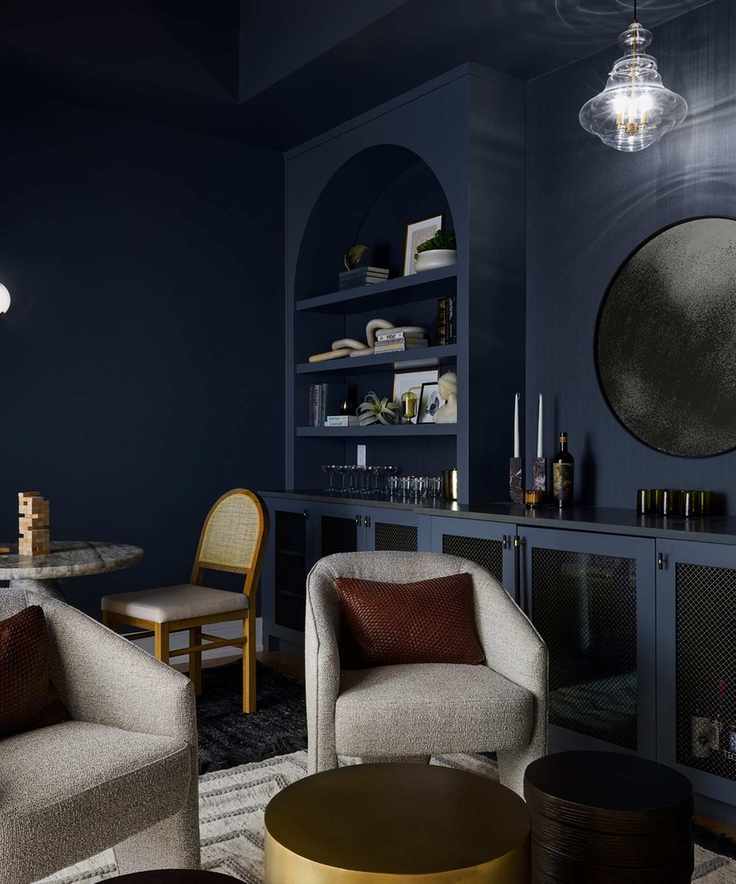 Dark blue color drenched living room