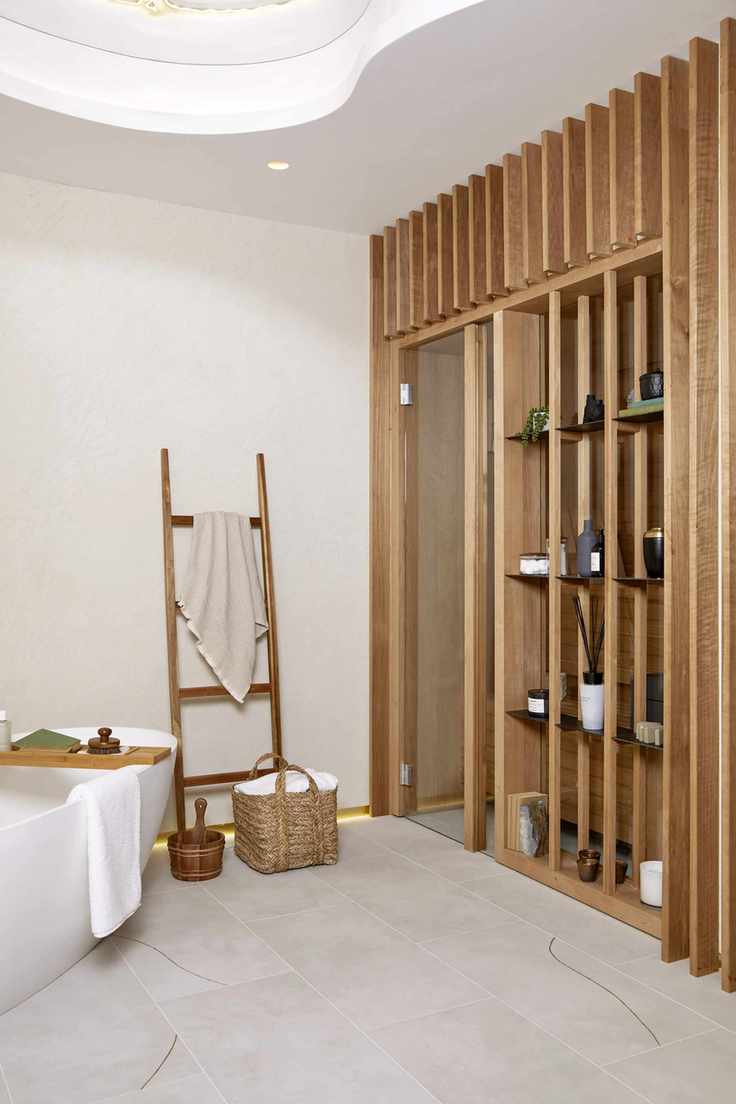 Wooden beam wall with shelves