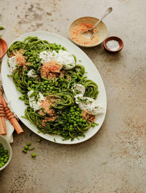 green sauce pasta - green pasta with spring vegetables and burrata