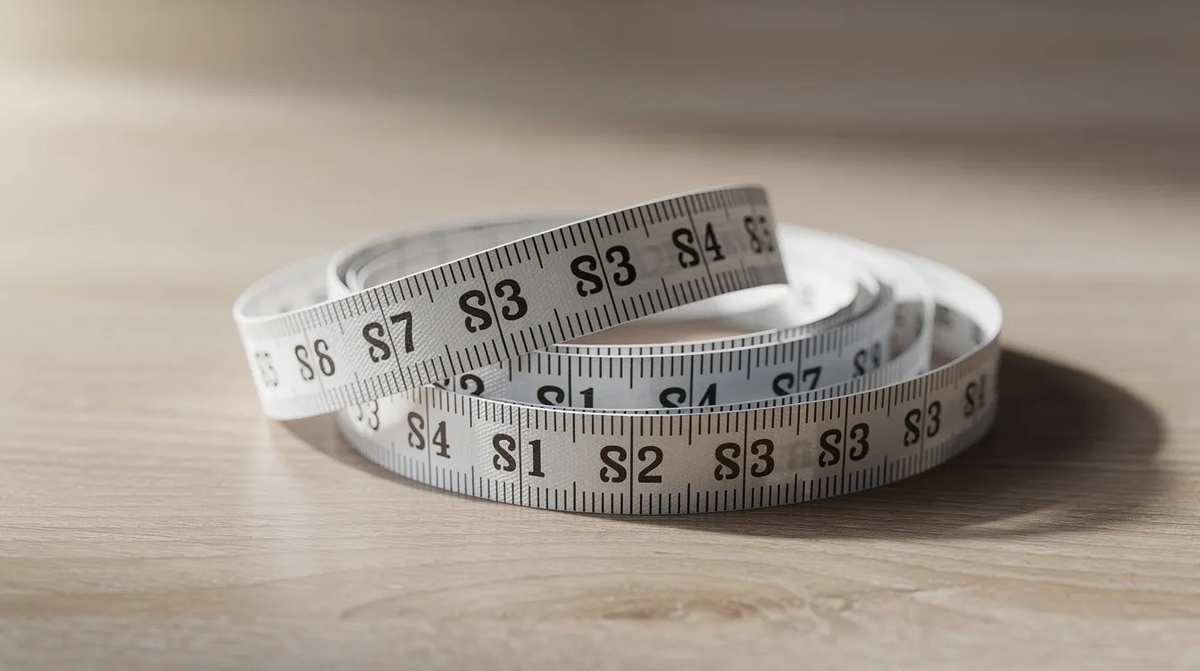 A soft fabric measuring tape is coiled neatly on a light wooden surface, ready to assist in taking accurate bust measurements for determining the correct bra size and ensuring a properly fitted bra. The gentle texture of the tape contrasts with the smooth wood, creating a simple yet functional scene.
