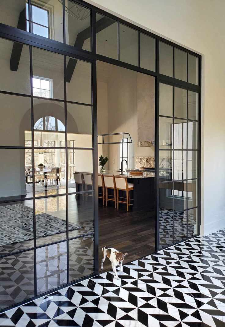 Geometric black and white tiled floor