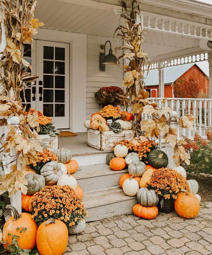 Decorating with pumpkins on the front porch