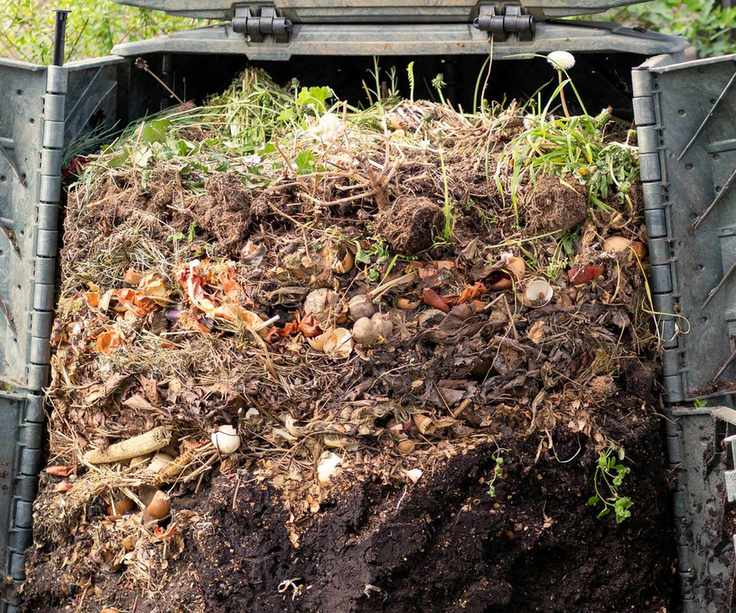 Close up of a home compost heap showing layers of decomposing ingredients