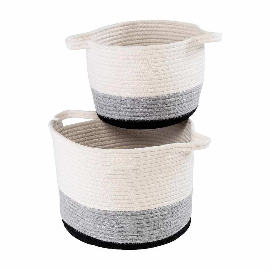 Two black, grey and white storage baskets