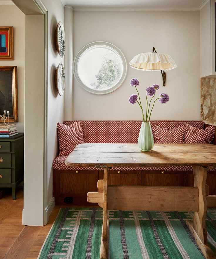 modern farmhouse breakfast dining nook with mixed patterns and prints