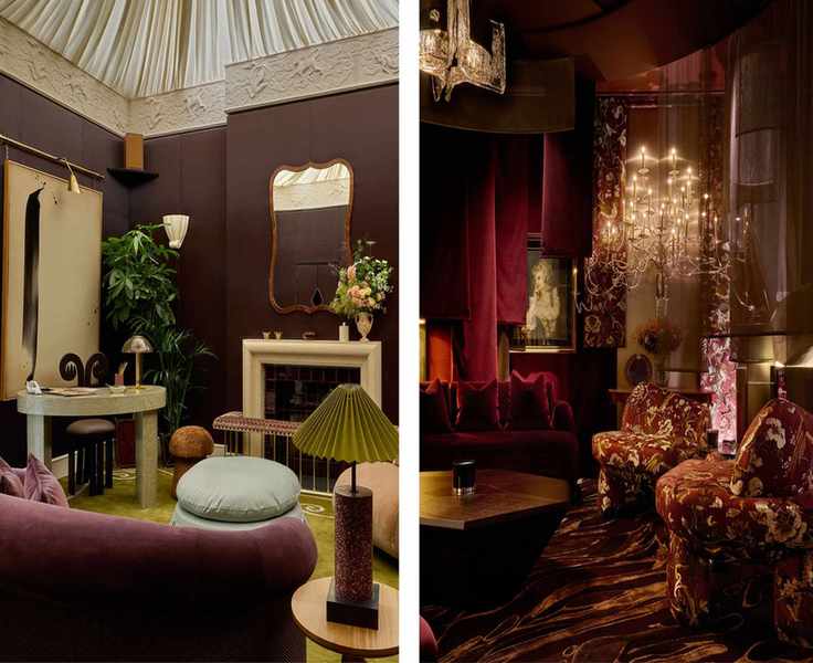 Moody rooms side by side: the left features plum walls and a white tented ceiling; the right showcases deep red velvet drapes and a large chandelier.