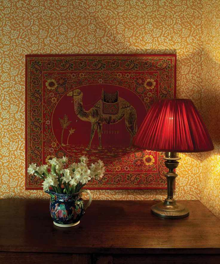 Hallway decorated with floral yellow wallpaper