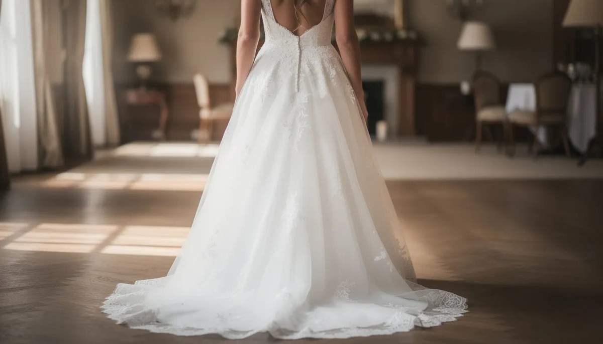 A bride in an elegant white wedding gown with a fitted bodice is captured from behind, showcasing the delicate details of her dress and the graceful line of her silhouette. The gown is designed to provide support and comfort, featuring bra cups inserts for an ideal fit that enhances her natural shape.