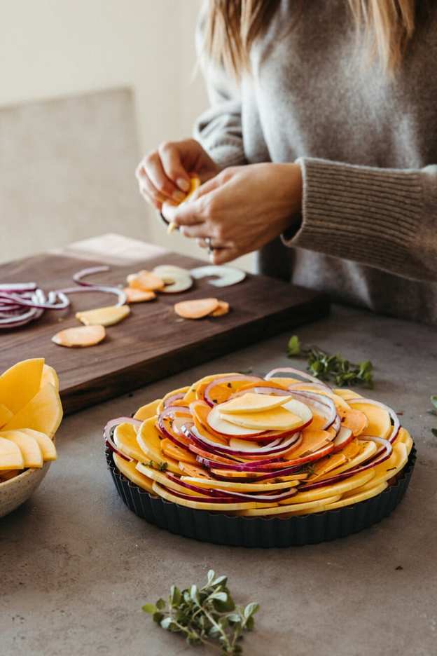 butternut squash and apple tart with ricotta, vegetarian thanksgiving main course