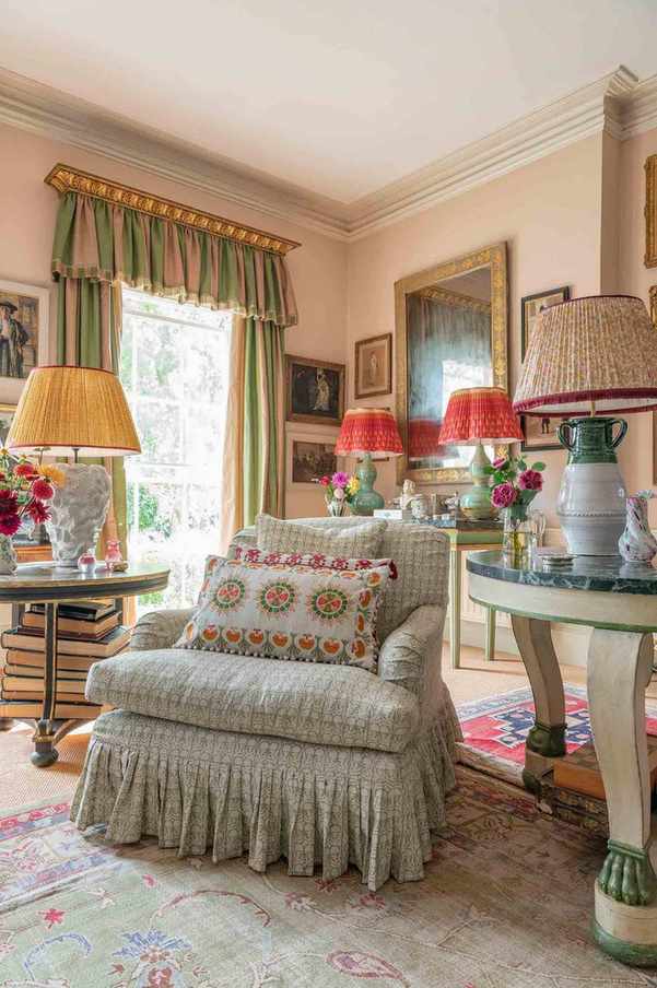 country house living room with slipcover chair
