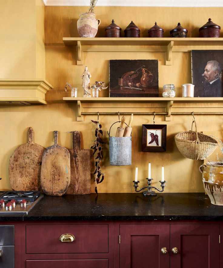 A vibrant kitchen with decorative shelves