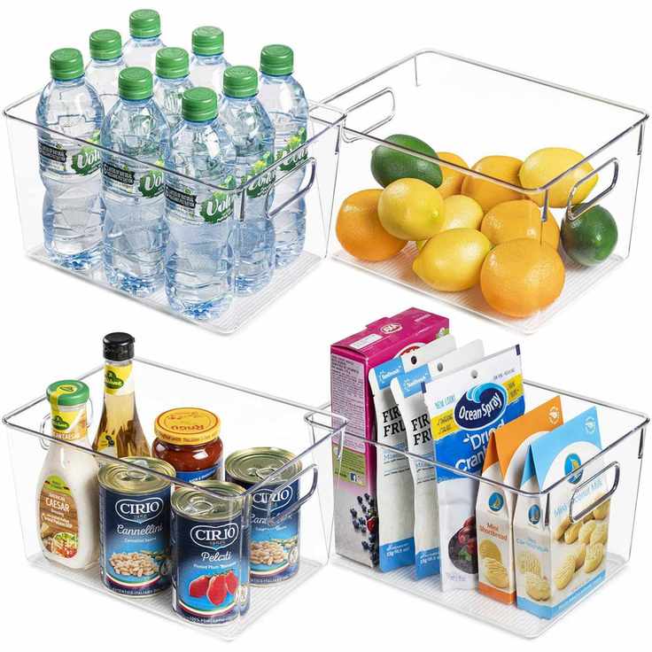 4 plastic storage bins filled with food