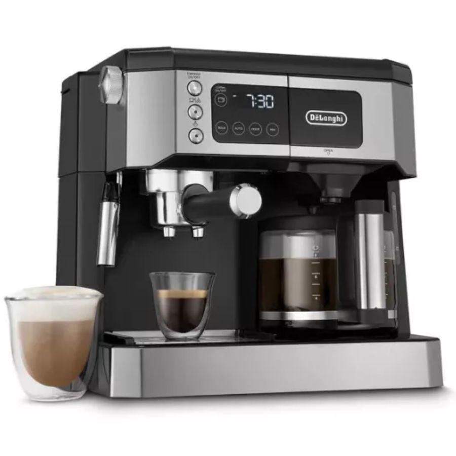 The de'longhi all in one coffee maker on a white background with coffee mugs, drip coffee and a latte around it
