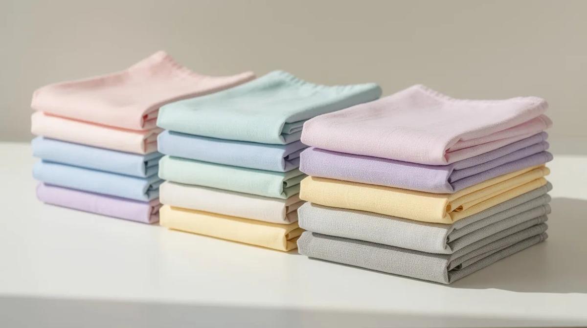 Neatly folded stacks of soft pastel cotton fabrics, showcasing quality materials perfect for sewing and quilting projects.