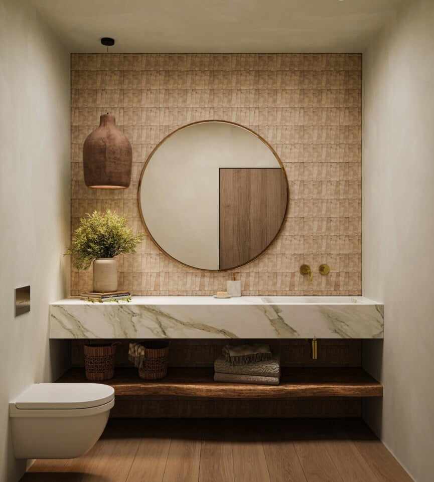 japandi beach house powder bath design natural zellige tile