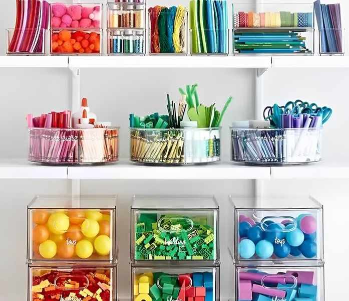 The Home Edit storage solution clear bins on shelves filled with art supplies