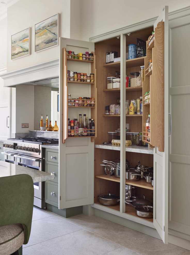 neutral kitchen with open doors showcasing custom spice storage and pots, green cabinetry, stone flooring, range cooker, artwork