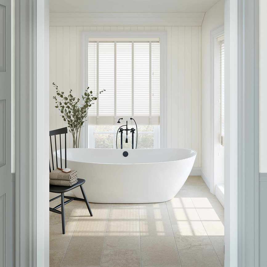 Swift taped Venetian blind in a white bathroom