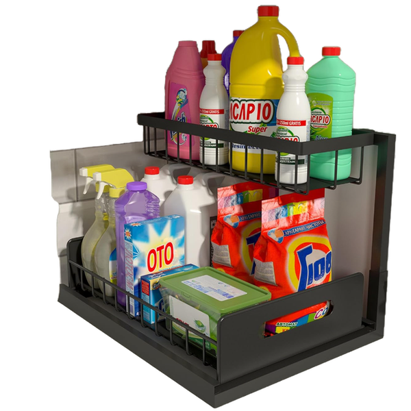 a two tiered black organizer for holding supplies under your kitchen sink