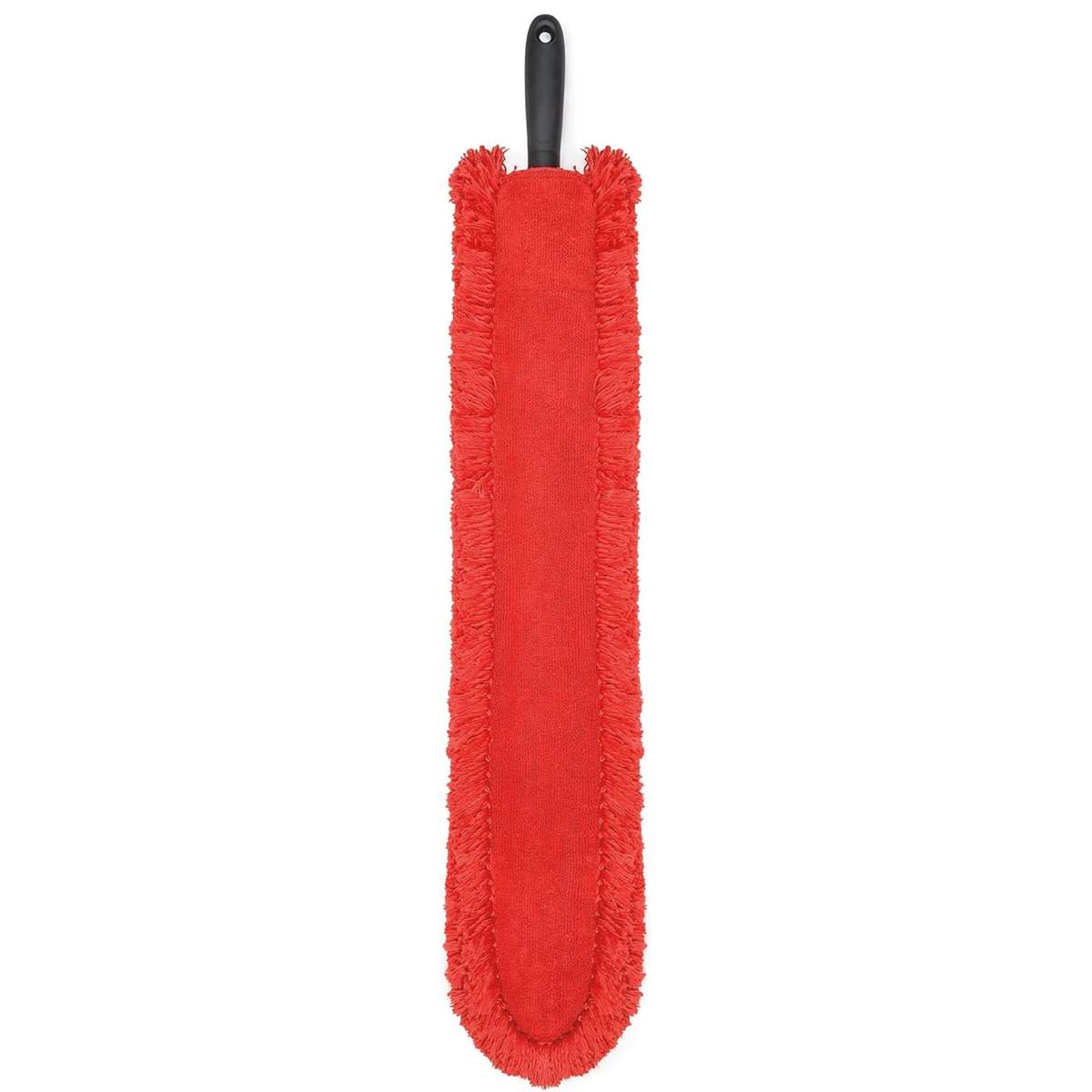 Red microfiber duster designed for cleaning under appliances.