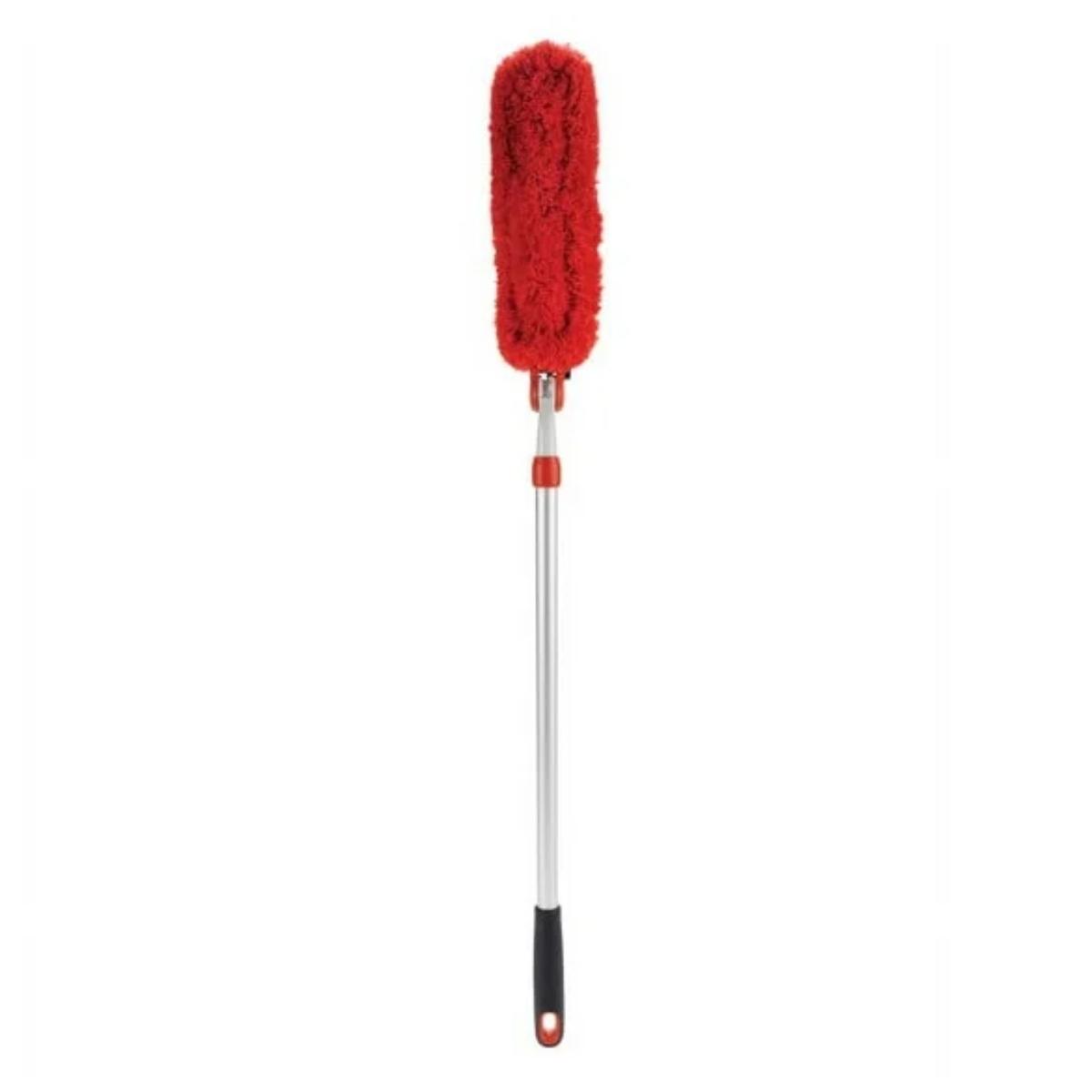 A red microfiber duster on a silver extendable handle