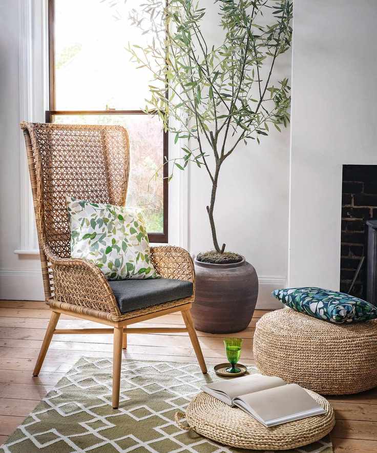 Rustic living room ideas with rug and woven furniture