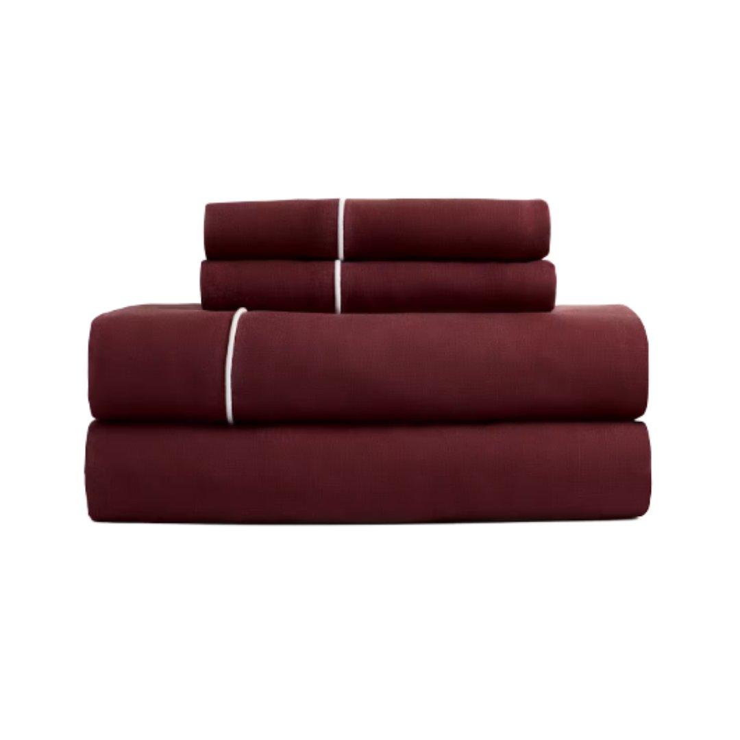 European Linen Piped Sheet Set in Burgundy/white
